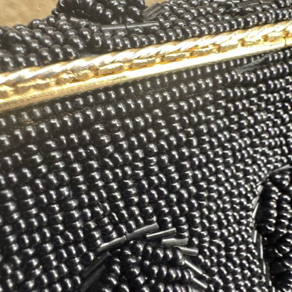Vintage Ladies Jet Black Beaded Cocktail Handbag Purse Gold Clasp - Picture 7 of 11